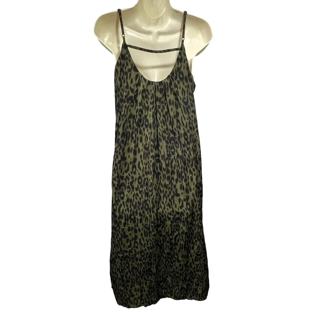THML Midi Slip Dress Small‎ Sleeveless Olive Green Black Animal Print Lined